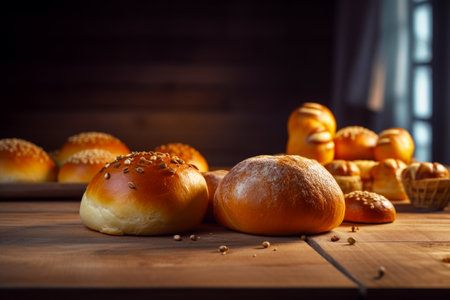 Group of buns sitting on top of wooden table next to each other. Generative AI.の素材