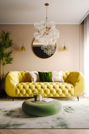Living room with yellow couch and round mirror on the wall. Generative AI.の素材