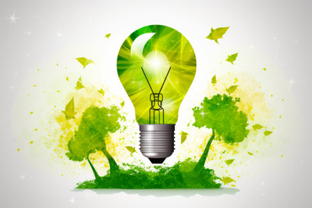Green light bulb sitting on top of green grass covered field with trees. Generative AI.の素材