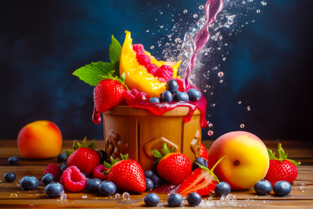 Wooden basket filled with lots of fruit next to splash of water. Generative AI.の素材