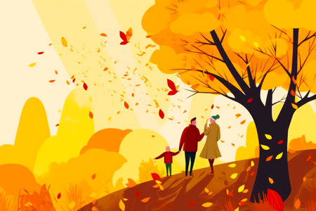 Image of man and woman walking with child under tree. Generative AI.の素材