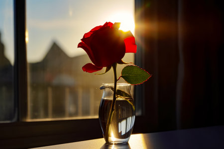 Single red rose in vase of water on window sill. Generative AI.の素材