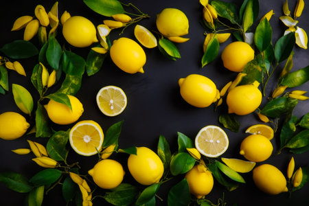 Group of lemons with green leaves on black background with space for text. Generative AI.の素材