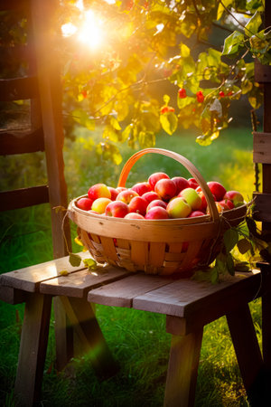Basket of apples sitting on top of wooden bench next to tree. Generative AI.の素材