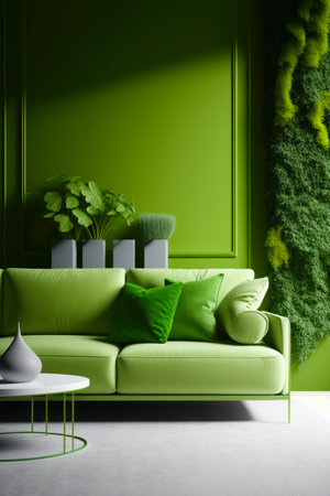 Living room with green wall and green couch with green pillows. Generative AI.の素材
