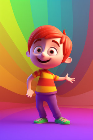 Little boy with red hair and striped shirt is standing in front of colorful background. Generative AI.の素材