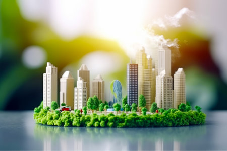 Small model of city with trees and buildings in the foreground. Generative AI.の素材