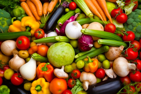 Pile of assorted vegetables including carrots, onions, tomatoes, and broccoli. Generative AI.の素材