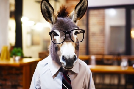 Donkey wearing shirt and tie with glasses on it's head. Generative AI.の素材