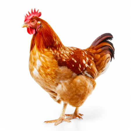 Brown and white chicken standing on top of white floor next to white wall. Generative AI.の素材