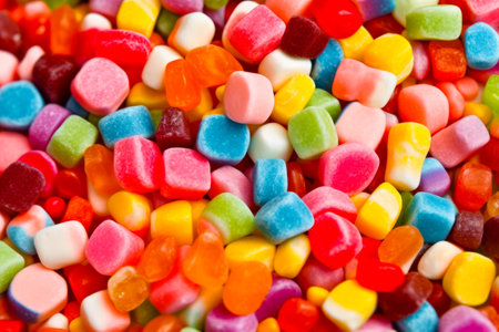 Close up of pile of multicolored candies on table. Generative AI.の素材