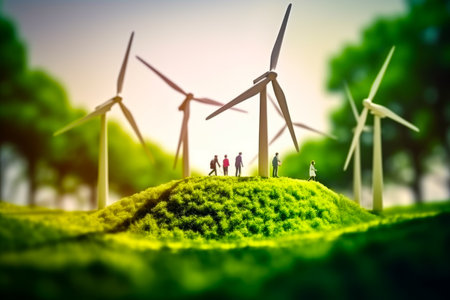 Group of people standing on top of lush green hillside next to wind turbines. Generative AI.の素材