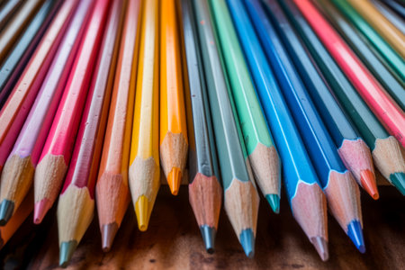 Group of colored pencils sitting on top of wooden table next to each other. Generative AI.の素材
