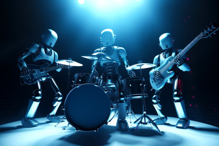 Group of robot musicians playing instruments in front of microphone and drums. Generative AI.の素材