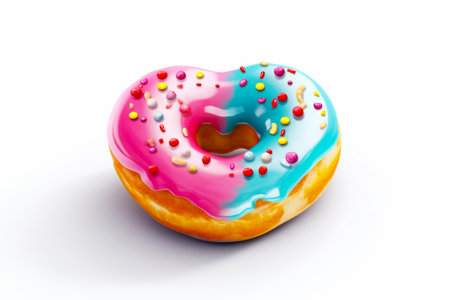 Colorful donut with sprinkles and blue icing on white background. Generative AI.の素材