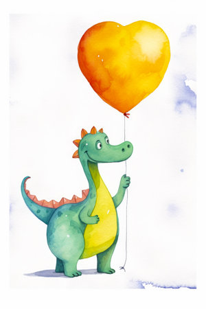 Watercolor painting of dinosaur holding heart shaped balloon in his hand. Generative AI.の素材