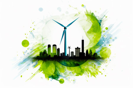 Picture of city with wind turbine in the middle of it. Generative AI.の素材