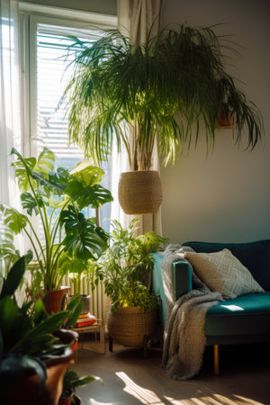 Living room filled with lots of plants and blue couch in front of window. Generative AI.の素材