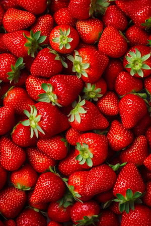 Close up of a bunch of strawberries with green leaves on them. Generative AI.の素材