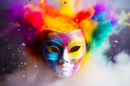 Person with colorful mask on their face and colorful powder on their face. Generative AI.の素材