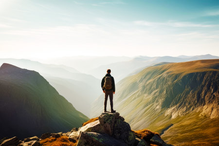Man standing on top of mountain with backpack on his back. Generative AI.の素材