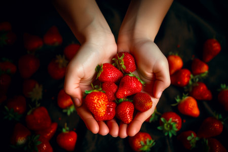 Close up of person holding a bunch of strawberries in their hands. Generative AI.の素材