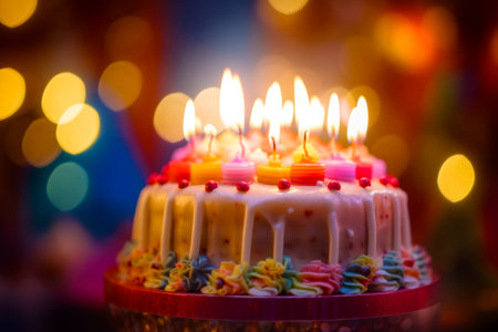 Close up of cake with many lit candles on top of it. Generative AI.の素材