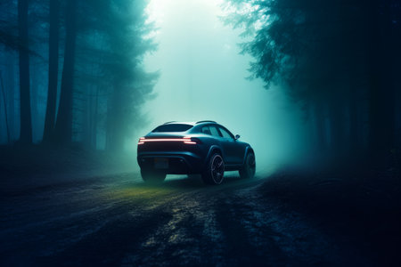 Car driving on road in the middle of the forest at night. Generative AI.の素材