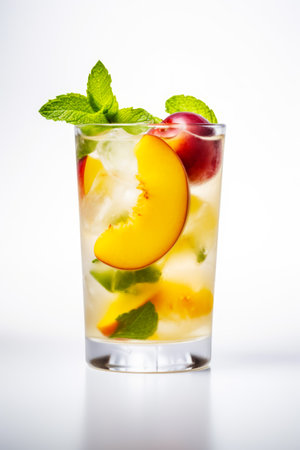 Glass filled with ice and fruit on top of white counter top. Generative AI.の素材