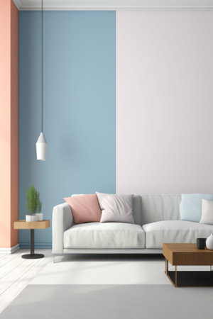 Living room with white couch and blue and pink accent wall. Generative AI.の素材