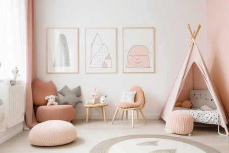 Child's room with teepee teepee teepee teepee teepee teepee teepee teepee teepee. Generative AI.の素材