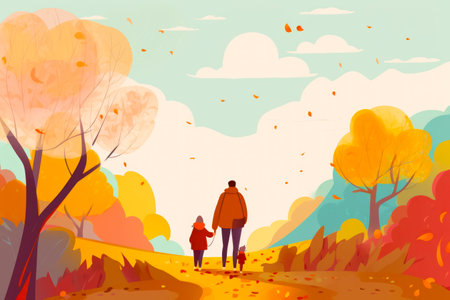 Man and child are walking through the park with trees and leaves. Generative AI.の素材
