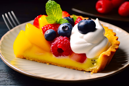 Piece of fruit tart on plate with whipped cream and berries. Generative AI.の素材