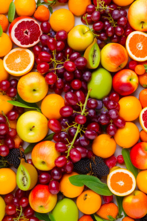 Close up of a bunch of fruit with oranges, apples, grapefruits, and kiwis. Generative AI.の素材