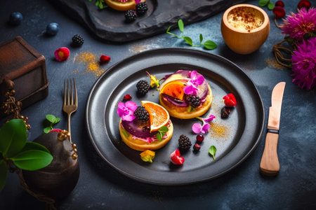 Plate topped with oranges and blackberries on top of table. Generative AI.の素材