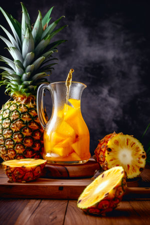 Pitcher of pineapple juice next to sliced pineapples on cutting board. Generative AI.の素材