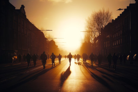 Group of people walking down street with the sun setting in the background. Generative AI.の素材