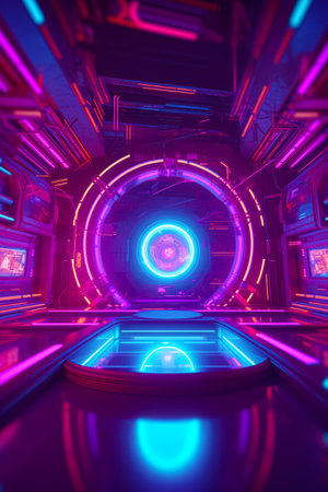 Futuristic looking room with neon lights and round hole in the center. Generative AI.の素材