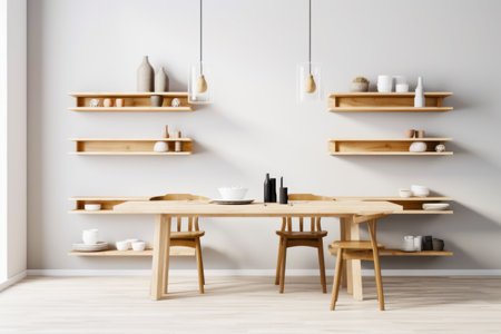 Room with table, chairs, shelves and vase on the wall. Generative AI.の素材