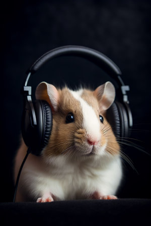Brown and white hamster with headphones on its ears and black background. Generative AI.の素材