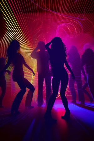 Silhouettes of people dancing in the disco scene with colored lights and disco ball in the background. Generative AI.の素材