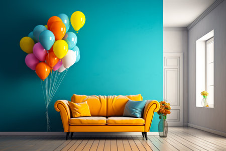 Living room with couch and bunch of balloons on the wall. Generative AI.の素材