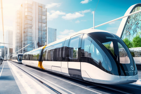 Modern train traveling through city with tall buildings on the other side. Generative AI.の素材