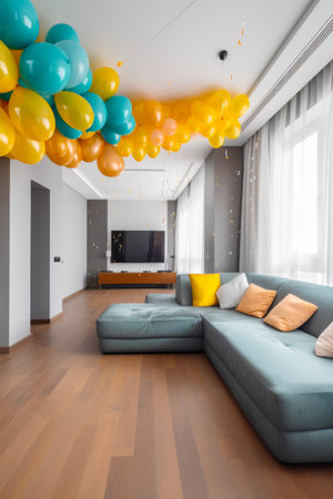 Living room filled with blue couch next to flat screen tv. Generative AI.の素材