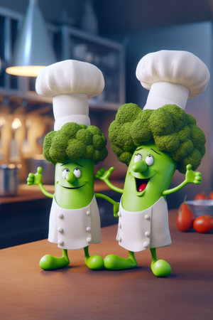 Couple of green vegetables standing next to each other on top of counter. Generative AI.の素材