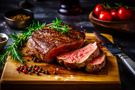 Piece of steak on cutting board next to knife and tomatoes. Generative AI.の素材