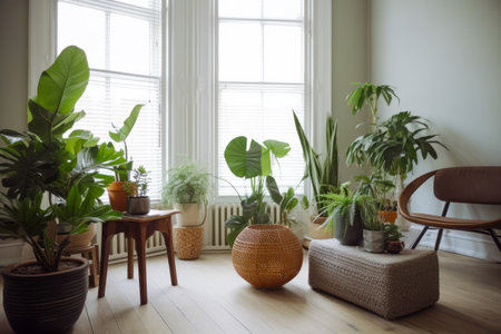 Room filled with lots of potted plants and chair in front of window. Generative AI.の素材