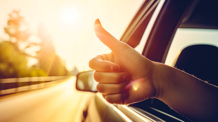 Person's hand sticking out of car's side window. Generative AI.の素材