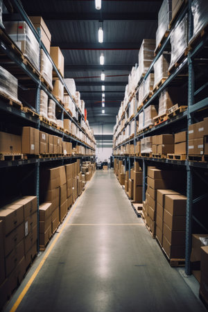 Large warehouse filled with lots of boxes and boxes on the shelfs. Generative AI.の素材