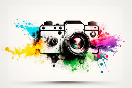 Digital camera with colorful paint splatters on the side of it. Generative AI.の素材